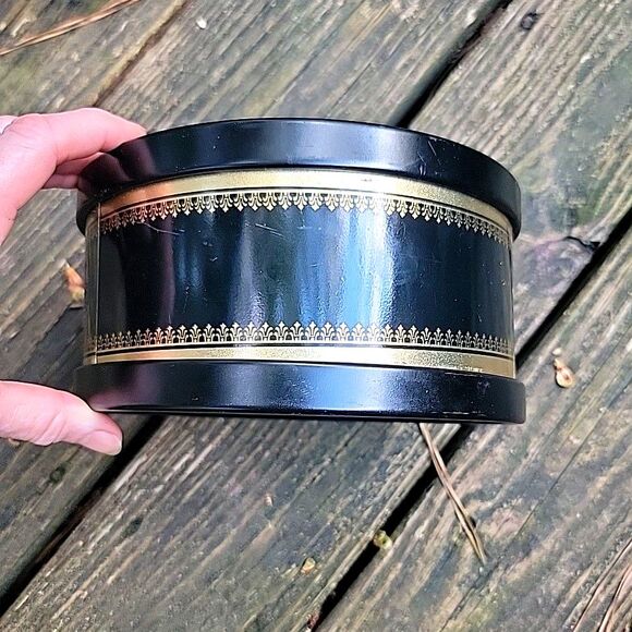 EARLY‎ 1900s Tin Container CHERUB ANGELS Playing VIOLIN & HARP Black Gold Nice - Picture 6 of 16